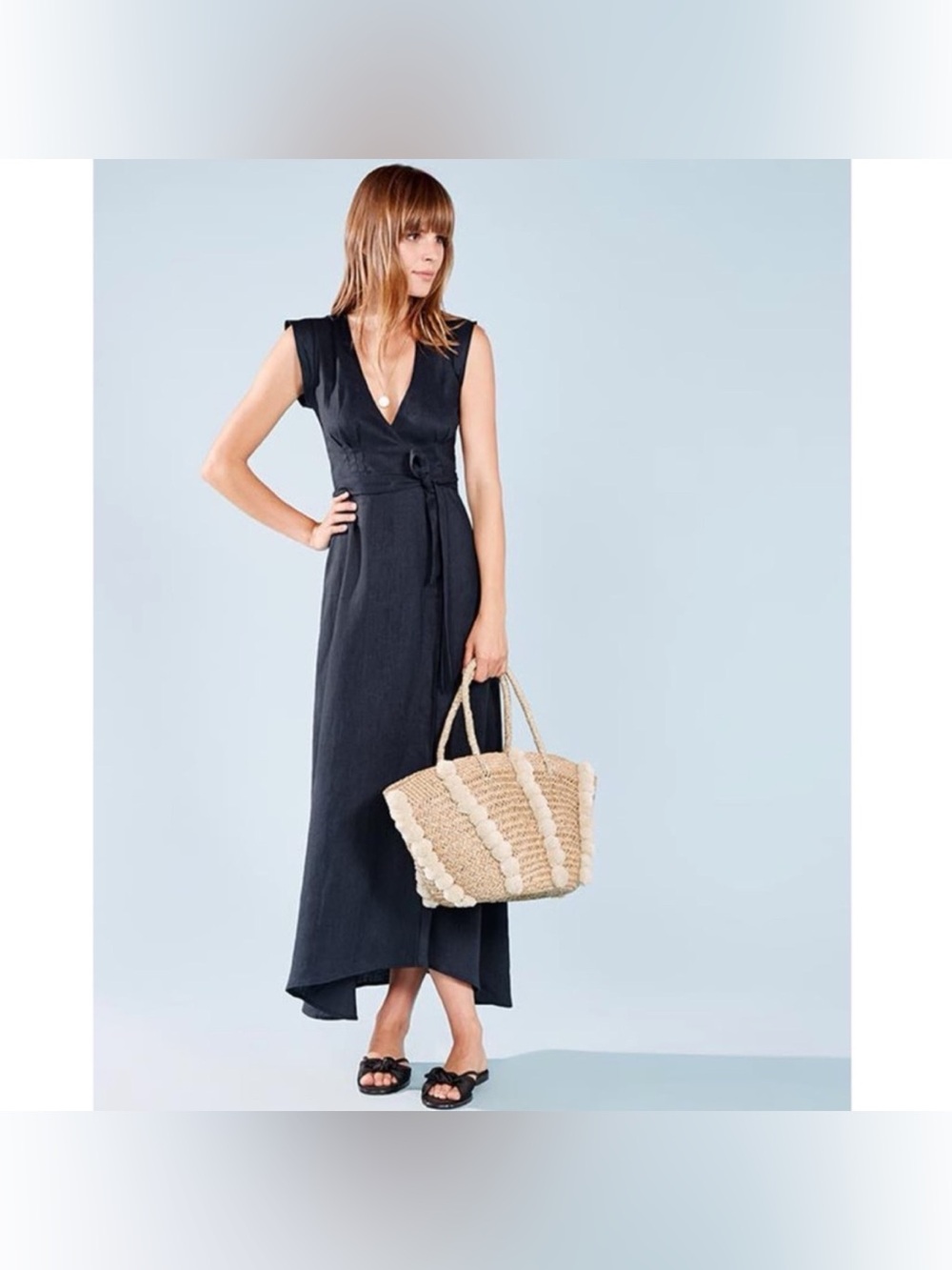 Reformation Parisa Linen Wrap Midi Dress Navy Blue Smalll - Picture 10 of 10